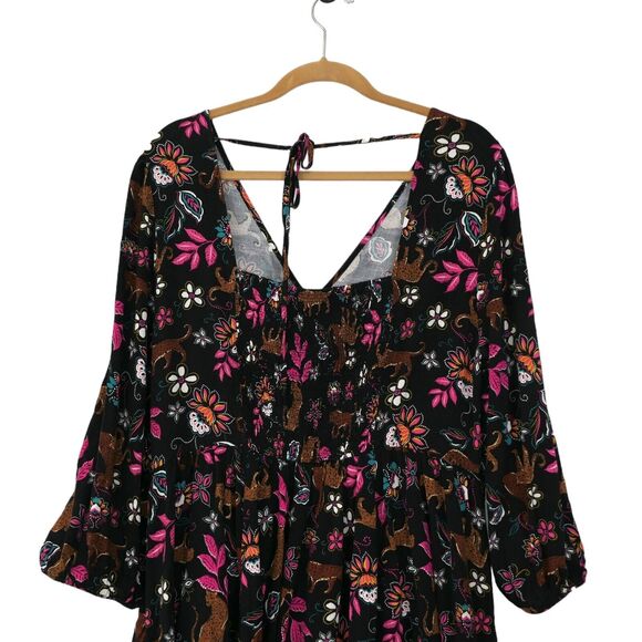 NWT Sz 1 Torrid Rayon Slub Balloon Sleeve Twist Font Black Leopard Leaves Dress - Picture 10 of 12